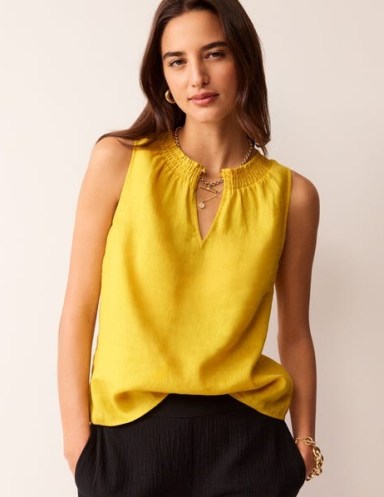 Boden Georgia Linen Sleeveless Top in Passion Fruit – yellow notched neckline tops - flipped