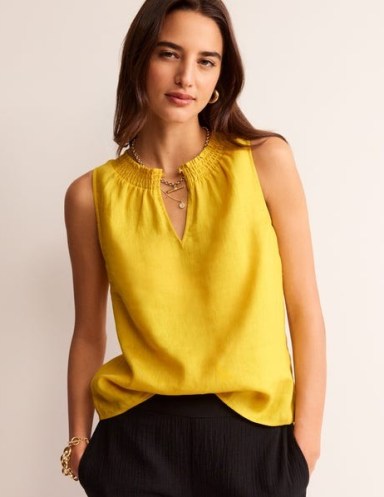 Boden Georgia Linen Sleeveless Top in Passion Fruit – yellow notched neckline tops