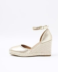 River Island Gold Stitch Wedge Espadrille Sandals | metallic ankle strap wedged heels | faux leather wedges - flipped