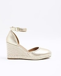 River Island Gold Stitch Wedge Espadrille Sandals | metallic ankle strap wedged heels | faux leather wedges
