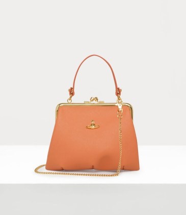 Vivienne Westwood Granny frame purse in Orange / vintage style faux leather top handle bag - flipped
