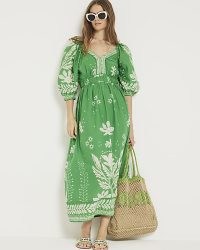RIVER ISLAND Green Floral Puff Sleeve Swing Maxi Dress ~ cotton vintage style summer dresses