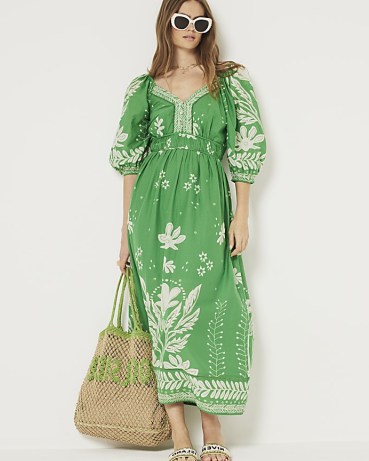 RIVER ISLAND Green Floral Puff Sleeve Swing Maxi Dress ~ cotton vintage style summer dresses - flipped