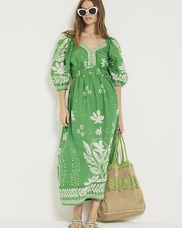 RIVER ISLAND Green Floral Puff Sleeve Swing Maxi Dress ~ cotton vintage style summer dresses