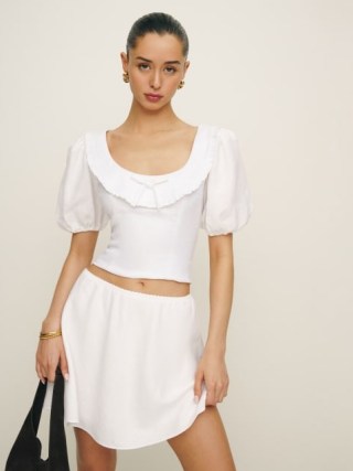 Reformation Greta Linen Top in White / fitted puff sleeve tops - flipped