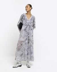 RIVER ISLAND Grey Floral Frill Belted Swing Maxi Dress / long sleeve ruffled dresses