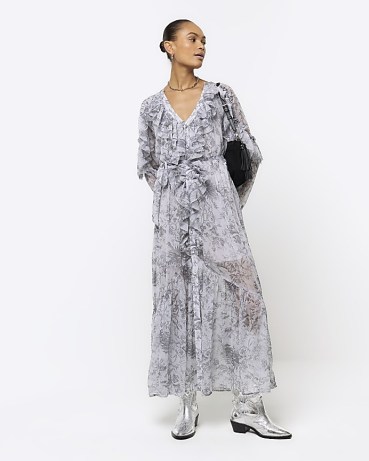RIVER ISLAND Grey Floral Frill Belted Swing Maxi Dress / long sleeve ruffled dresses - flipped