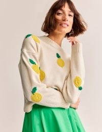 Boden Hand Embroidered Jumper in Warm Ivory, Lemons | womens relaxed jumpers
