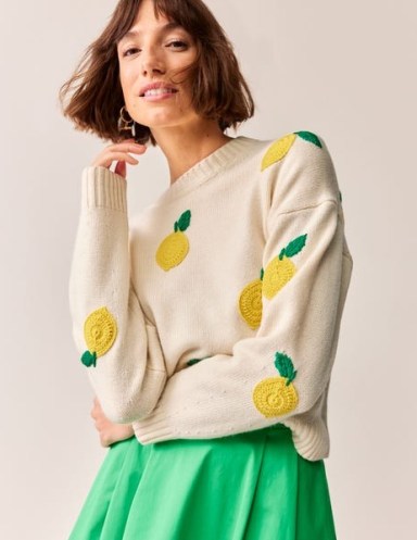 Boden Hand Embroidered Jumper in Warm Ivory, Lemons | womens relaxed jumpers - flipped