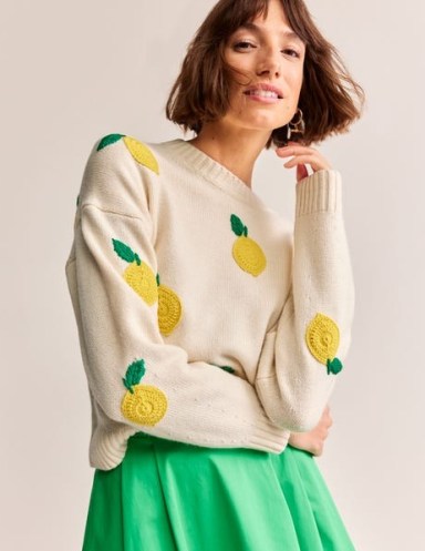 Boden Hand Embroidered Jumper in Warm Ivory, Lemons | womens relaxed jumpers