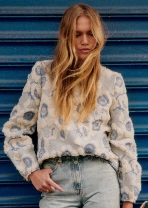 Sezane HARLEM SWEATSHIRT in Vintage blue / ecru – women’s fluffy textured floral embroidered sweatshirts – womens vintage style tops – retro inspired fashion - flipped