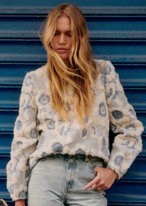 Sezane HARLEM SWEATSHIRT in Vintage blue / ecru – women’s fluffy textured floral embroidered sweatshirts – womens vintage style tops – retro inspired fashion