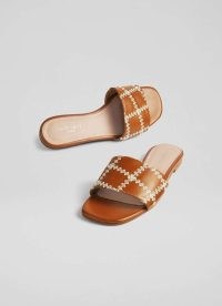 L.K. BENNETT Hema Tan Leather Stitch Detail Flat Mules ~ brown flat mule sandals