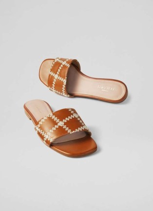 L.K. BENNETT Hema Tan Leather Stitch Detail Flat Mules ~ brown flat mule sandals - flipped