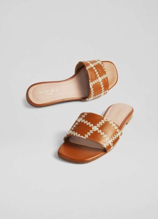 L.K. BENNETT Hema Tan Leather Stitch Detail Flat Mules ~ brown flat mule sandals