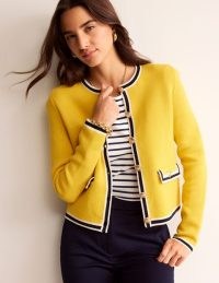 Boden Holly Knitted Jacket in Passionfruit, Navy Tipping – women’s chic yellow collarless jackets