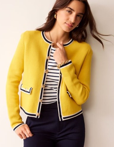 Boden Holly Knitted Jacket in Passionfruit, Navy Tipping – women’s chic yellow collarless jackets - flipped