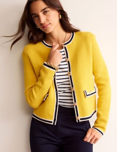 Boden Holly Knitted Jacket in Passionfruit, Navy Tipping – women’s chic yellow collarless jackets