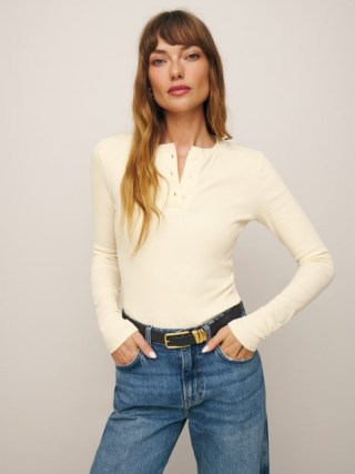 mation Hudson Long Sleeve Henley Tee in Sugar ~ women’s fitted half button up T-shirt ~ womens essential tops ~ wardrobe essentials
