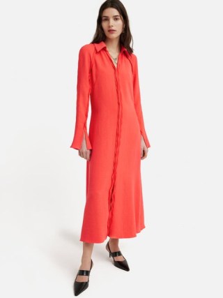 JIGSAW Japanese Crepe Shirt Dress in Coral / vibrant orange collared button up dresses - flipped