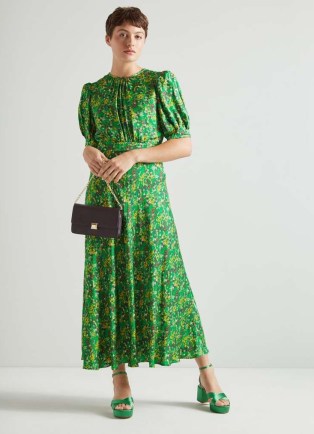 L.K. BENNETT Jem Green And Yellow Floral Print Midi Dress ~ ladylike vintage style silk dresses ~ silky retro inspired clothing ~ luxe spring fashion - flipped