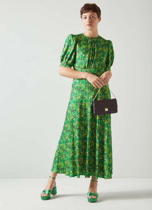L.K. BENNETT Jem Green And Yellow Floral Print Midi Dress ~ ladylike vintage style silk dresses ~ silky retro inspired clothing ~ luxe spring fashion