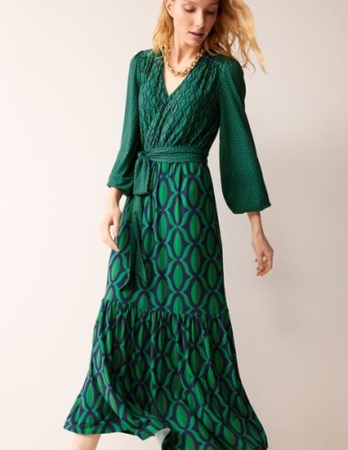 Boden Jersey Maxi Wrap Dress in Veridian Green, Geo Valley – tierd mixed print dresses - flipped