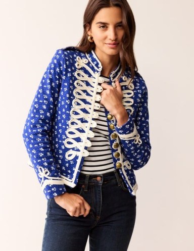 Boden Jersey Military Jacket in Blue – women’s cotton floral print jackets - flipped