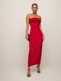 Reformation Johan Satin Dress in Lipstick ~ red strapless maxi dresses ~ glamorous fitted party fashion ~ evening occasion glamour