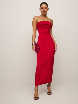 Reformation Johan Satin Dress in Lipstick ~ red strapless maxi dresses ~ glamorous fitted party fashion ~ evening occasion glamour