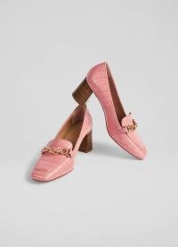 L.K. BENNETT Johanna Peach Croc-Effect Leather Snaffle Detail Courts – crocodile embossed loafer style court shoes – luxe retro inspired block heels