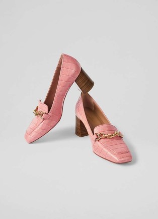 L.K. BENNETT Johanna Peach Croc-Effect Leather Snaffle Detail Courts – crocodile embossed loafer style court shoes – luxe retro inspired block heels - flipped
