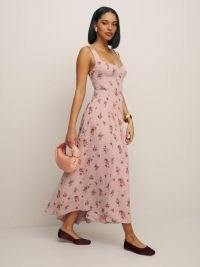 Reformation Kallie Dress in Tea Time ~ sleeveless pink floral fitted bodice dresses