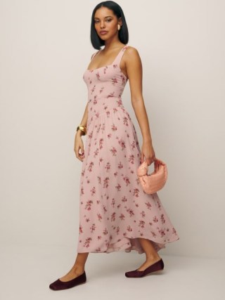 Reformation Kallie Dress in Tea Time ~ sleeveless pink floral fitted bodice dresses - flipped
