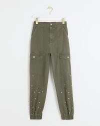 RIVER ISLAND Khaki Embellished Cuffed Cargo Trousers ~ green utility trouser with pearl embellishments
