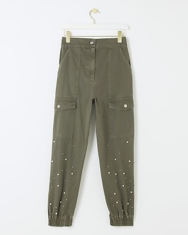 RIVER ISLAND Khaki Embellished Cuffed Cargo Trousers ~ green utility trouser with pearl embellishments - flipped