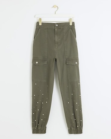 RIVER ISLAND Khaki Embellished Cuffed Cargo Trousers ~ green utility trouser with pearl embellishments