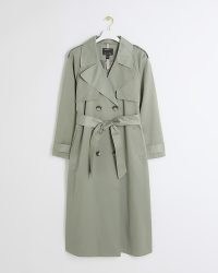 River Island Khaki Satin Belted Longline Trench Coat | women’s fashionable luxe style coats