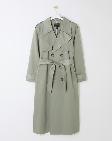 River Island Khaki Satin Belted Longline Trench Coat | women’s fashionable luxe style coats - flipped