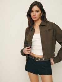Reformation Kinsley Denim Cropped Bomber Jacket in Dark Olive | womens collared front zip up jackets | women’s organic cotton fashion