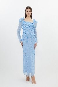 KAREN MILLEN Lace Petal Applique Woven Midi Dress in Blue / romantic floral semi sheer occasion dresses