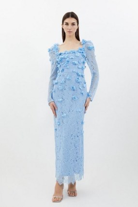 KAREN MILLEN Lace Petal Applique Woven Midi Dress in Blue / romantic floral semi sheer occasion dresses - flipped