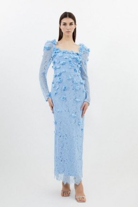 KAREN MILLEN Lace Petal Applique Woven Midi Dress in Blue / romantic floral semi sheer occasion dresses