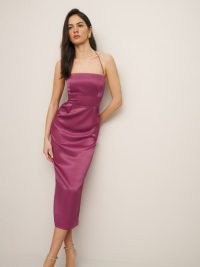 Reformation Lai Satin Dress in Strawberry Wine ~ strappy halterneck evening dresses ~ silky occasionwear ~ fitted bodice with column skirt