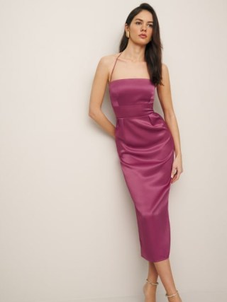 Reformation Lai Satin Dress in Strawberry Wine ~ strappy halterneck evening dresses ~ silky occasionwear ~ fitted bodice with column skirt - flipped
