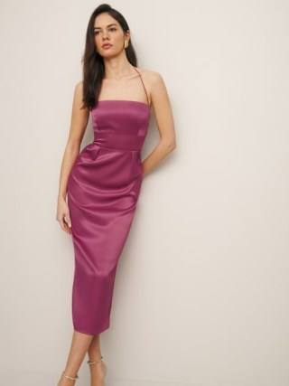 Reformation Lai Satin Dress in Strawberry Wine ~ strappy halterneck evening dresses ~ silky occasionwear ~ fitted bodice with column skirt