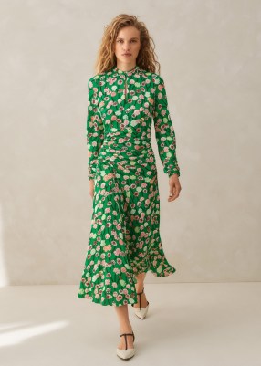 ME and EM Lantana Flower Print Midi Dress in Green / Pink / Multi ~ floral long sleeve gathered detail dresses ~ feminine fashion - flipped