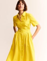 Boden Louise Linen Midi Shirt Dress in Passion Fruit – yellow short sleeve collared dresses – women’s bright spring / summer clothing 2024