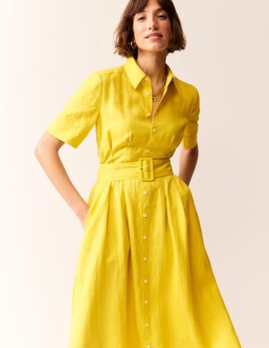 Boden Louise Linen Midi Shirt Dress in Passion Fruit – yellow short sleeve collared dresses – women’s bright spring / summer clothing 2024 - flipped