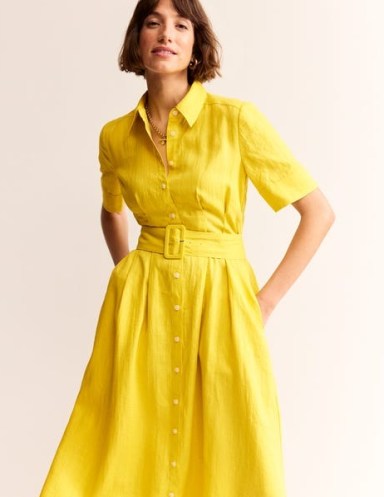 Boden Louise Linen Midi Shirt Dress in Passion Fruit – yellow short sleeve collared dresses – women’s bright spring / summer clothing 2024